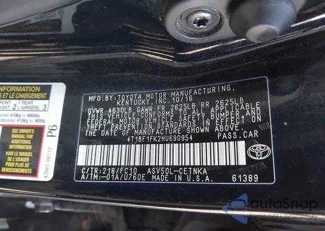 2017 Toyota Camry Le from USA, damaged, VIN 4T1BF1FK2HU690954